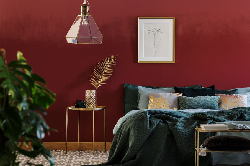 interior view of bedroom with plants and large queen size bed against a burgundy accent wall.